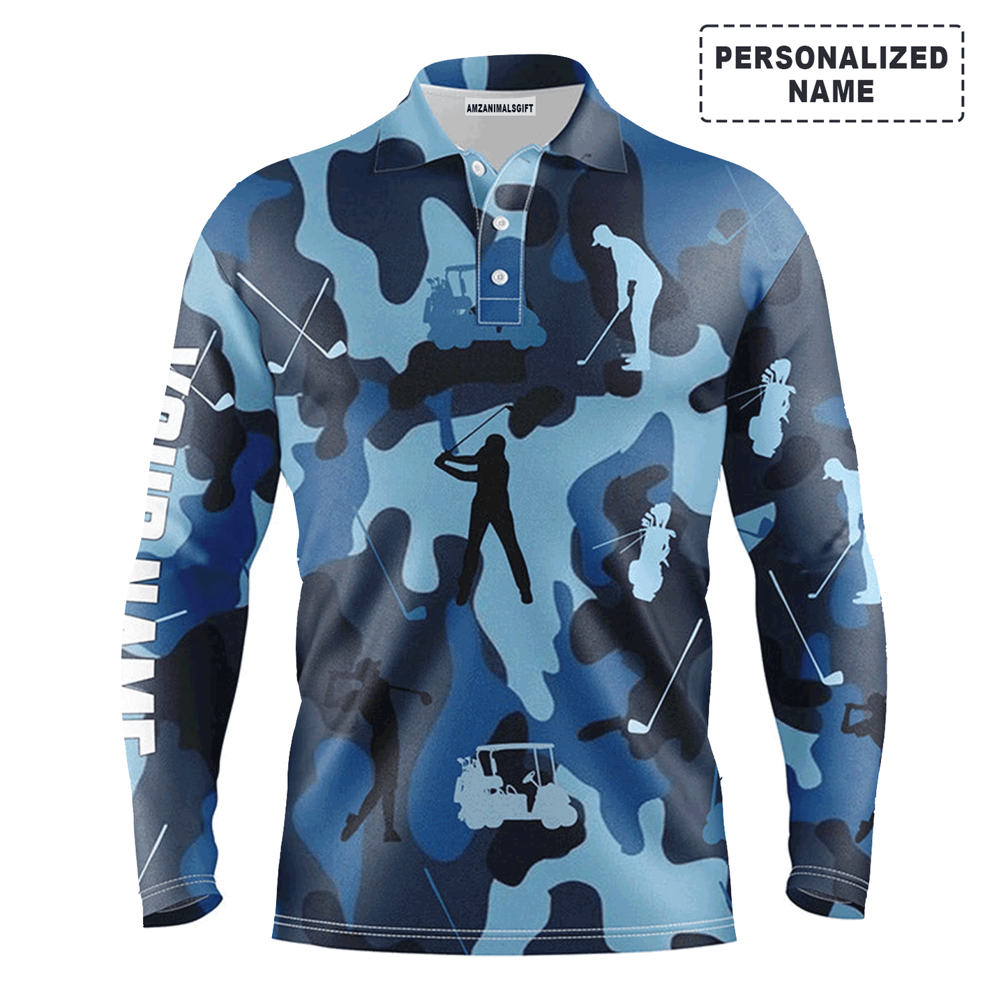 Custom Golf Long Sleeve Men Polo Shirt - Blue Camo Custom Name Apparel Men Polo Shirt - Personalized Gift For Golf Lover, Team, Golfers