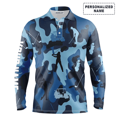 Custom Golf Long Sleeve Men Polo Shirt - Blue Camo Custom Name Apparel Men Polo Shirt - Personalized Gift For Golf Lover, Team, Golfers