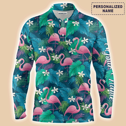 Custom Golf Long Sleeve Men Polo Shirt - Custom Name Colorful Flamingo Green Tropical Leaf Pattern Apparel - Personalized Gift For Men, Golf Lover