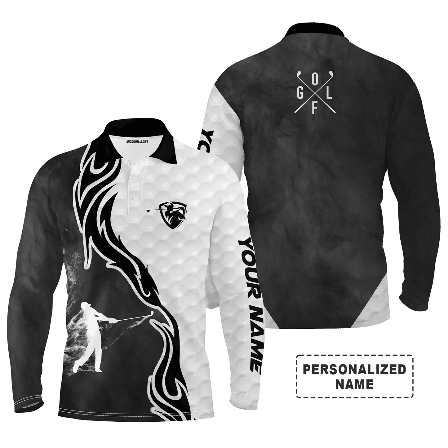 Custom Golf Long Sleeve Men Polo Shirt - Fire Pattern, Custom Name Black and White Apparel - Personalized Gift For Men ,Golf Lover