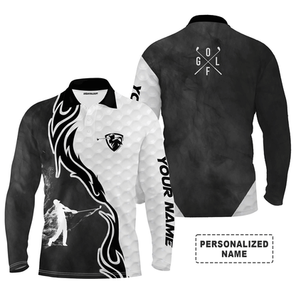 Custom Golf Long Sleeve Men Polo Shirt - Fire Pattern, Custom Name Black and White Apparel - Personalized Gift For Men ,Golf Lover