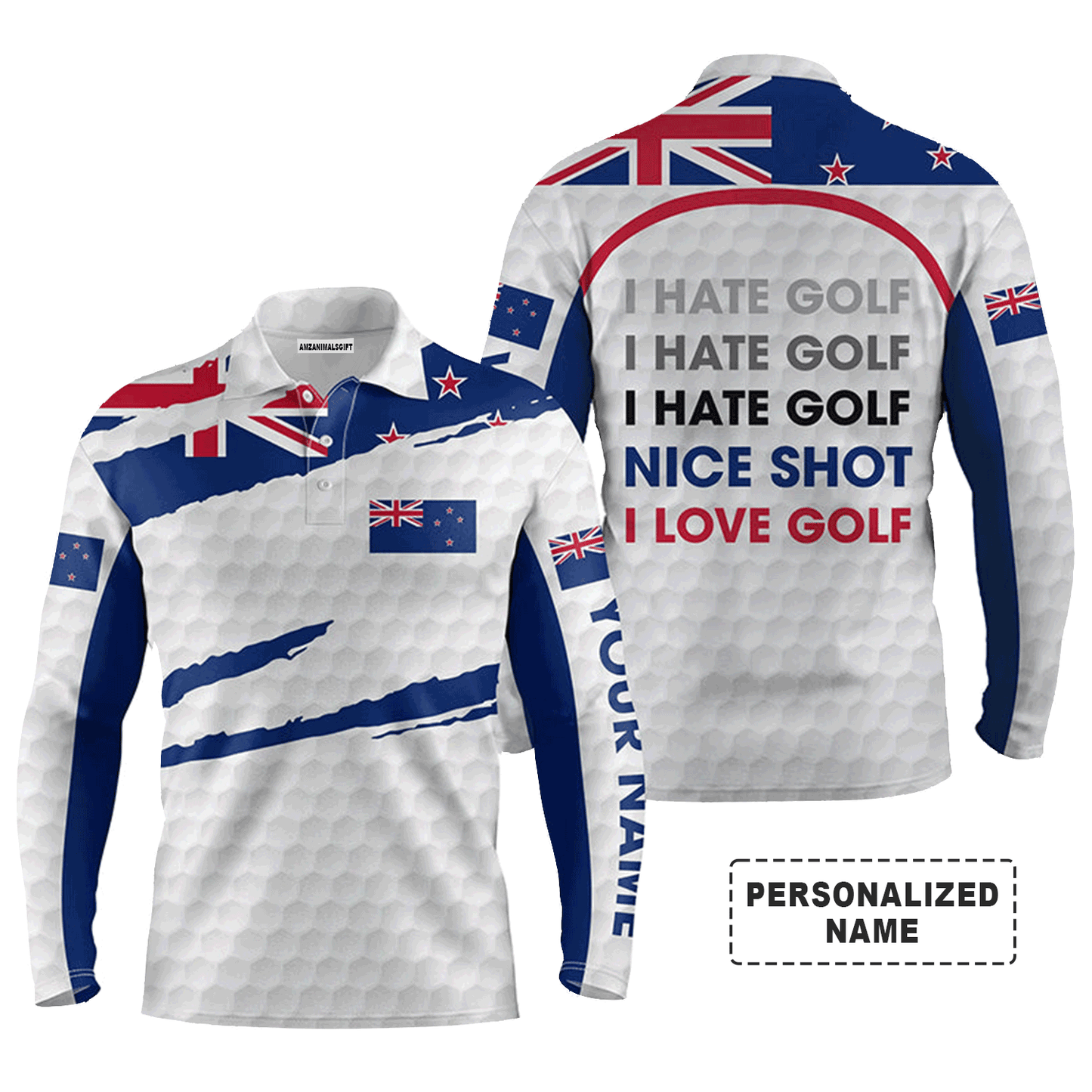 Custom Golf Long Sleeve Men Polo Shirt- Zealand Flag , New I Hate Golf Nice Shot I Love Golf Men Golf Polo Shirt For Men, Golf Lover