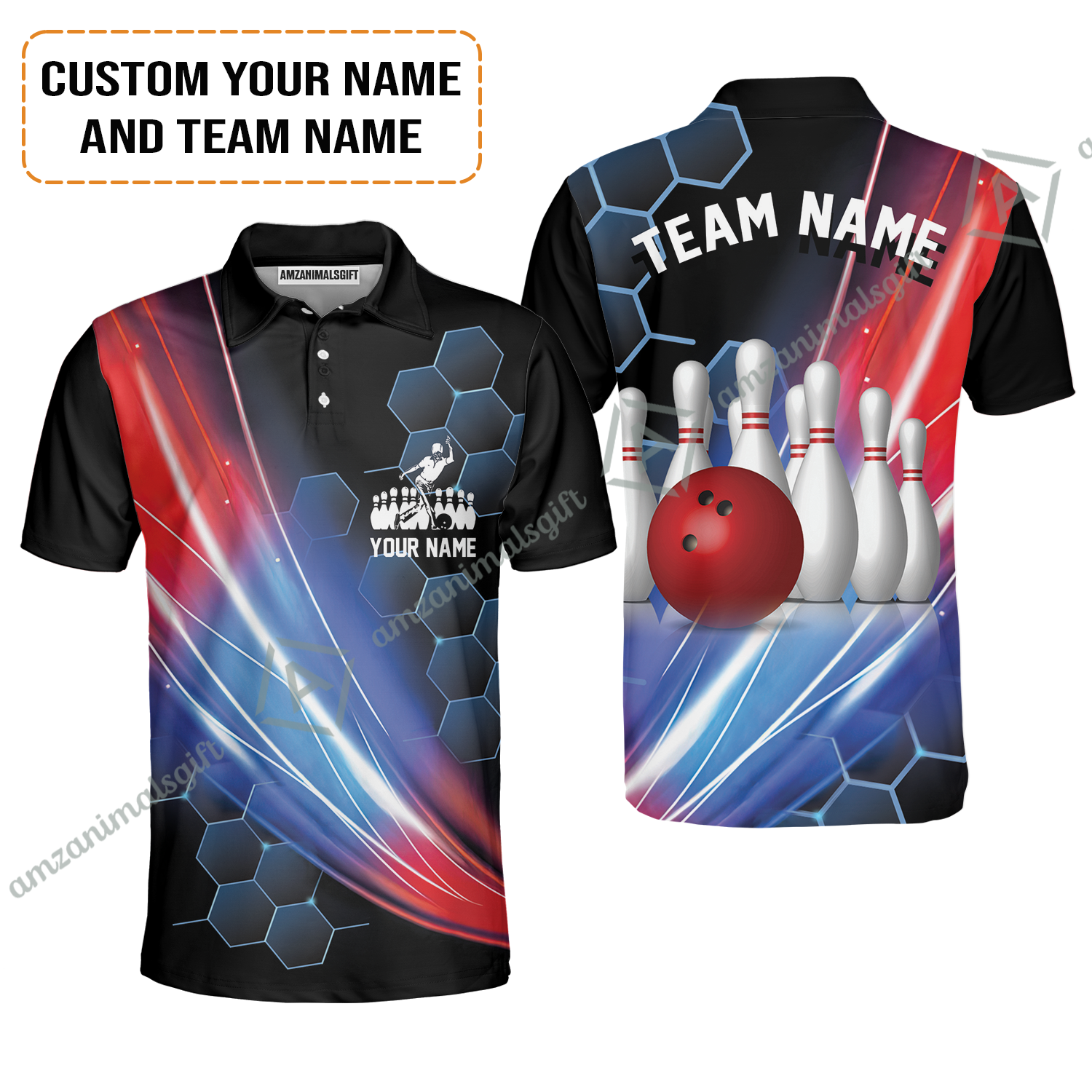 Personalized Bowling Men Polo Shirt - Custom Name & Team Name Honeycomb Pattern Bowling Polo Shirt For Men & Women Bowling Lover