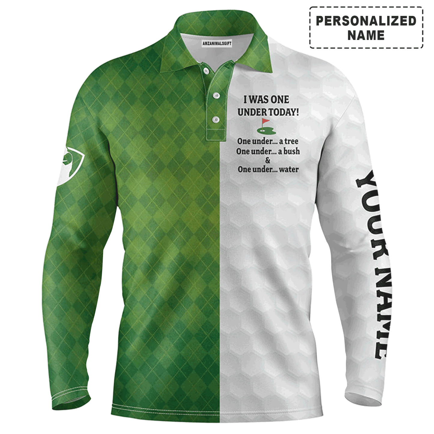 Custom Golf Long Sleeve Men Polo Shirt- Custom Name Green White Argyle Pattern Apparel, I Was One Under Today Polo Shirt For Men, Golf Lover