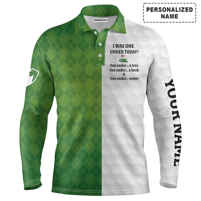 Custom Golf Long Sleeve Men Polo Shirt- Custom Name Green White Argyle Pattern Apparel, I Was One Under Today Polo Shirt For Men, Golf Lover