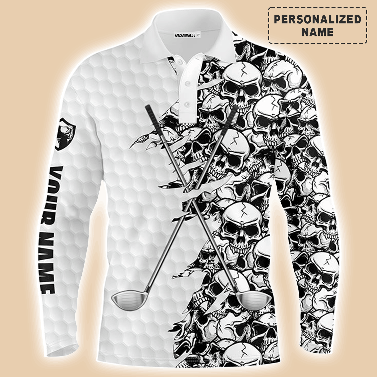Custom Golf Long Sleeve Men Polo Shirt, Pattern Skull Golf Clubs Performance Custom Name Apparel - Perfect Gift For Men, Golf Lovers