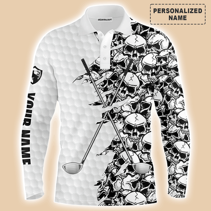 Custom Golf Long Sleeve Men Polo Shirt, Pattern Skull Golf Clubs Performance Custom Name Apparel - Perfect Gift For Men, Golf Lovers