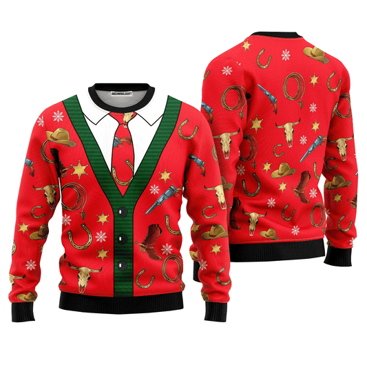 Cowboy Pattern Christmas Red Sweater, Ugly Sweater For Men & Women, Perfect Outfit For Christmas New Year Autumn Winter