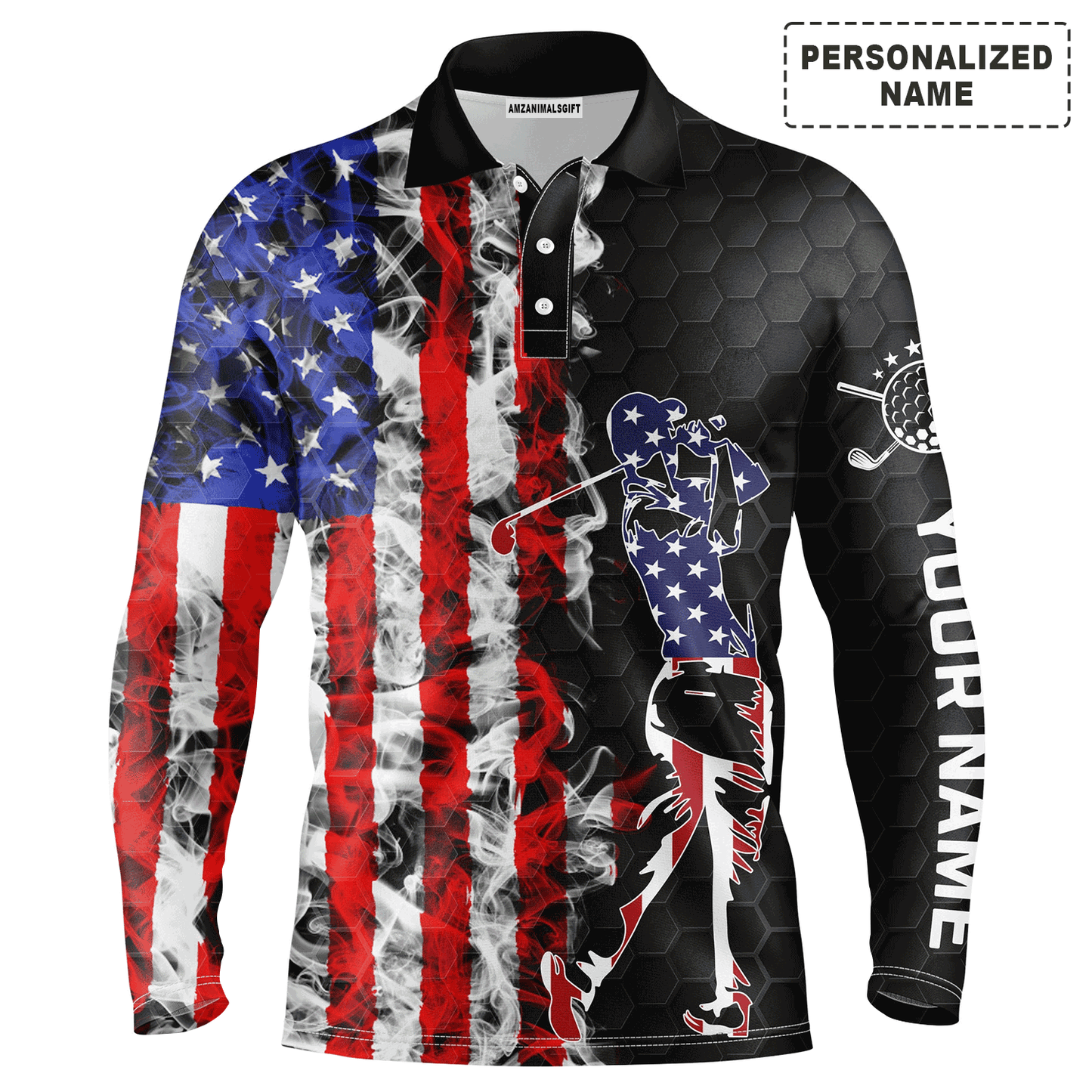 Custom Golf Long Sleeve Men Polo Shirt-  Custom Name American Flag Black Apparel Men Golf Polo Shirt- Perfect Polo Shirt For Men, Golf Lover