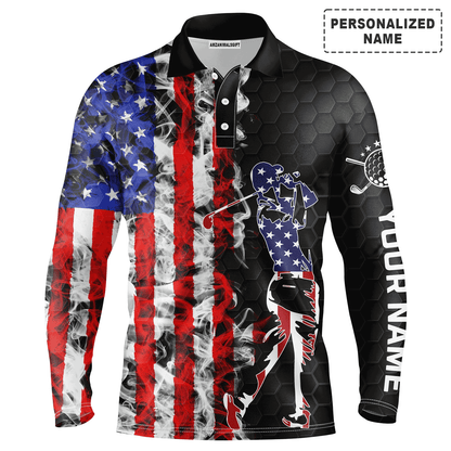 Custom Golf Long Sleeve Men Polo Shirt-  Custom Name American Flag Black Apparel Men Golf Polo Shirt- Perfect Polo Shirt For Men, Golf Lover