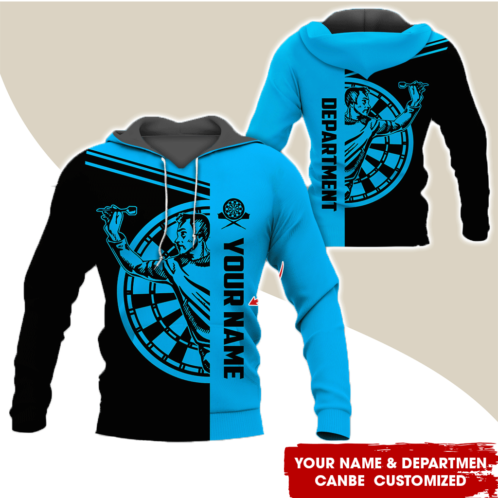 Customized Name & Department Darts Premium Hoodie, Man Playing Darts Pattern Black Hoodie, Perfect Gift For Darts Lovers, Friend, Family