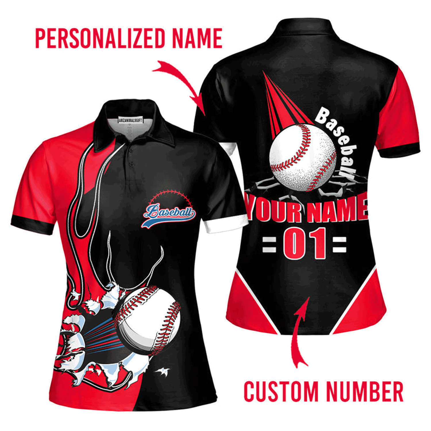 Customized Baseball Women Polo Shirt, Baseball Ball Black Red Custom Name Polo Shirt - Perfect Polo Shirt For Women, Baseball Lovers