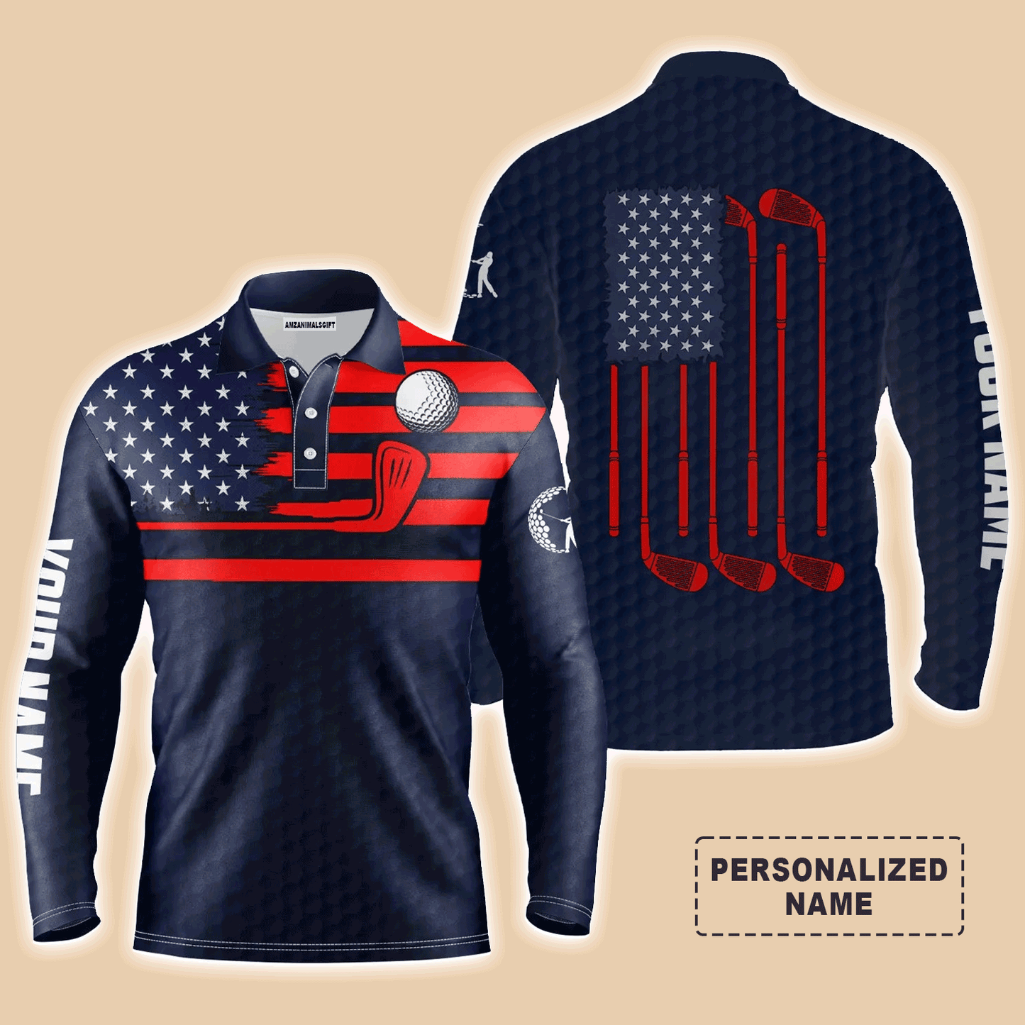 Custom Golf Long Sleeve Men Polo Shirt - Custom Name American Flag Patriotic Apparel, Perfect Gift For Men, Golf Lover