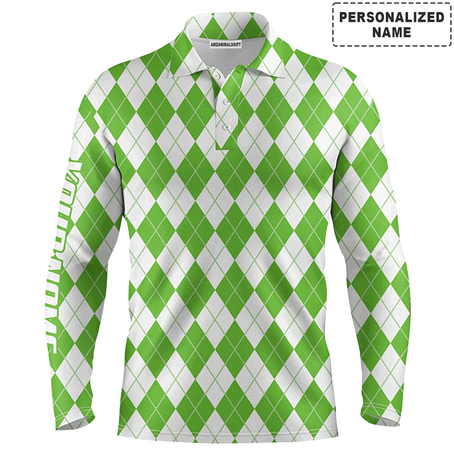 Custom Golf Long Sleeve Men Polo Shirt - Christmas Plaid Green And White Argyle Pattern Custom Name Polo Shirt For men, Golf Lover