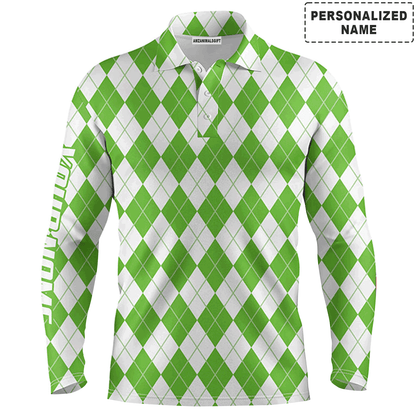 Custom Golf Long Sleeve Men Polo Shirt - Christmas Plaid Green And White Argyle Pattern Custom Name Polo Shirt For men, Golf Lover