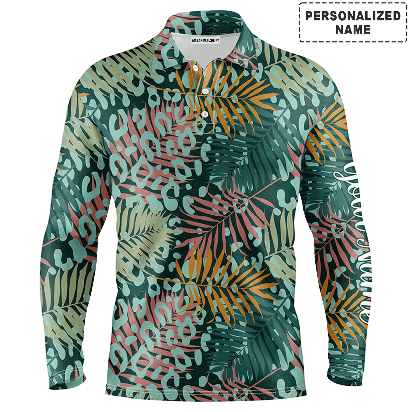 Custom Golf Long Sleeve Men Polo Shirt- Green Tropical Pattern With Palm Leopard Custom Name Apparel - Personalized Gift For Men, Golf Lover