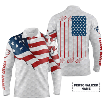 Custom Golf Long Sleeve Men Polo Shirt, Custom Name Golf Club White American Flag Apparel- Perfect Sports Gift For Men, Golf Lover