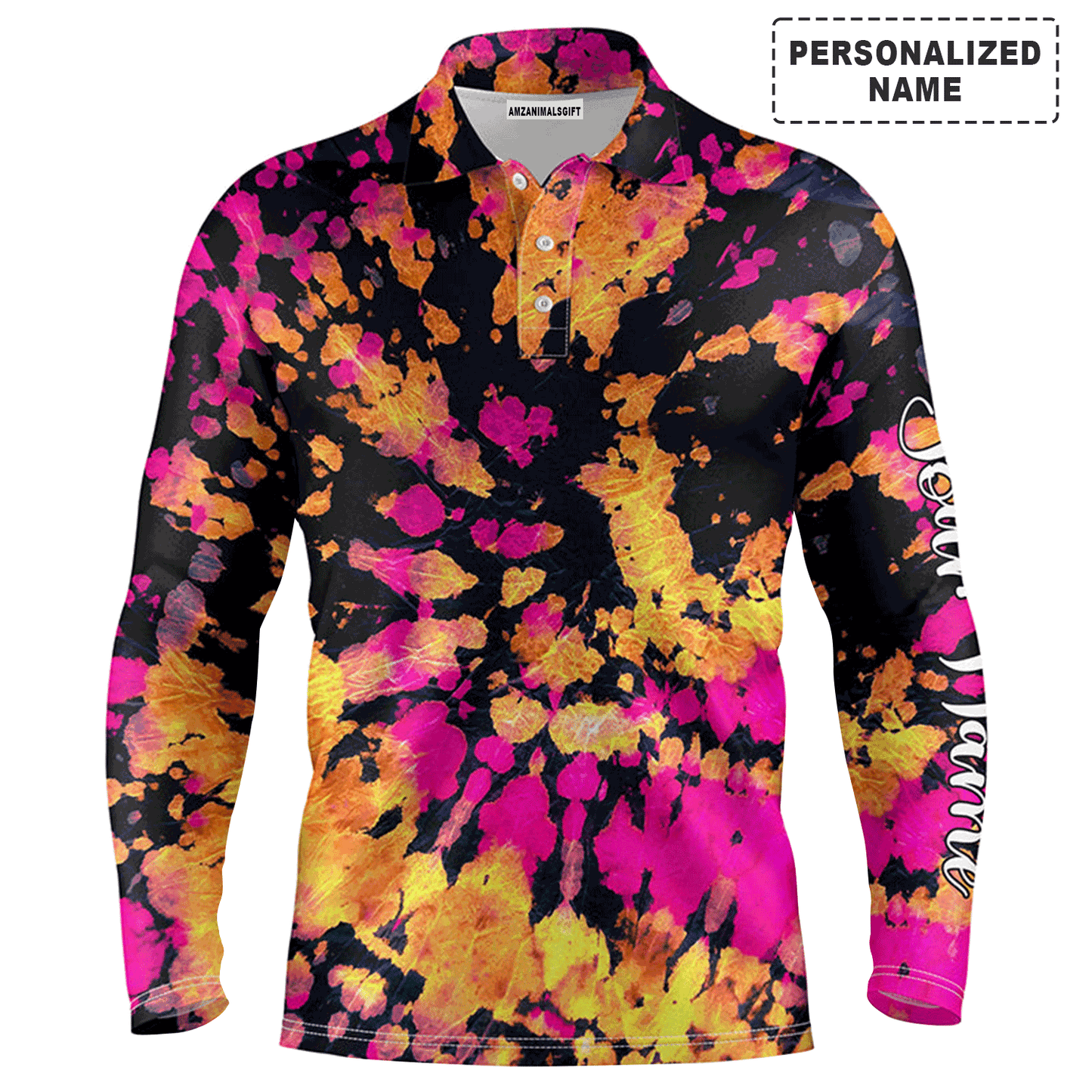 Custom Golf Long Sleeve Men Polo Shirt - Yellow Pink Black Tie Dye Pattern Custom Name Apparel - Personalized Gift For Men, Golf Lover