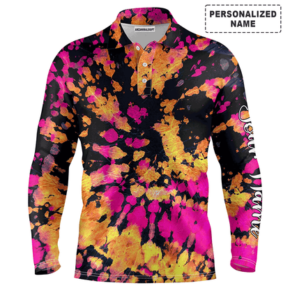 Custom Golf Long Sleeve Men Polo Shirt - Yellow Pink Black Tie Dye Pattern Custom Name Apparel - Personalized Gift For Men, Golf Lover
