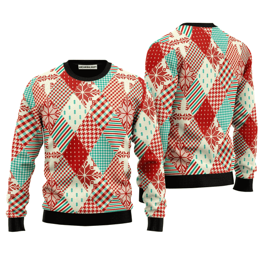 Christmas Patchwork Fabric Seamless Pattern Sweater, Ugly Sweater For Men & Women, Perfect Outfit For Christmas New Year Autumn Winter