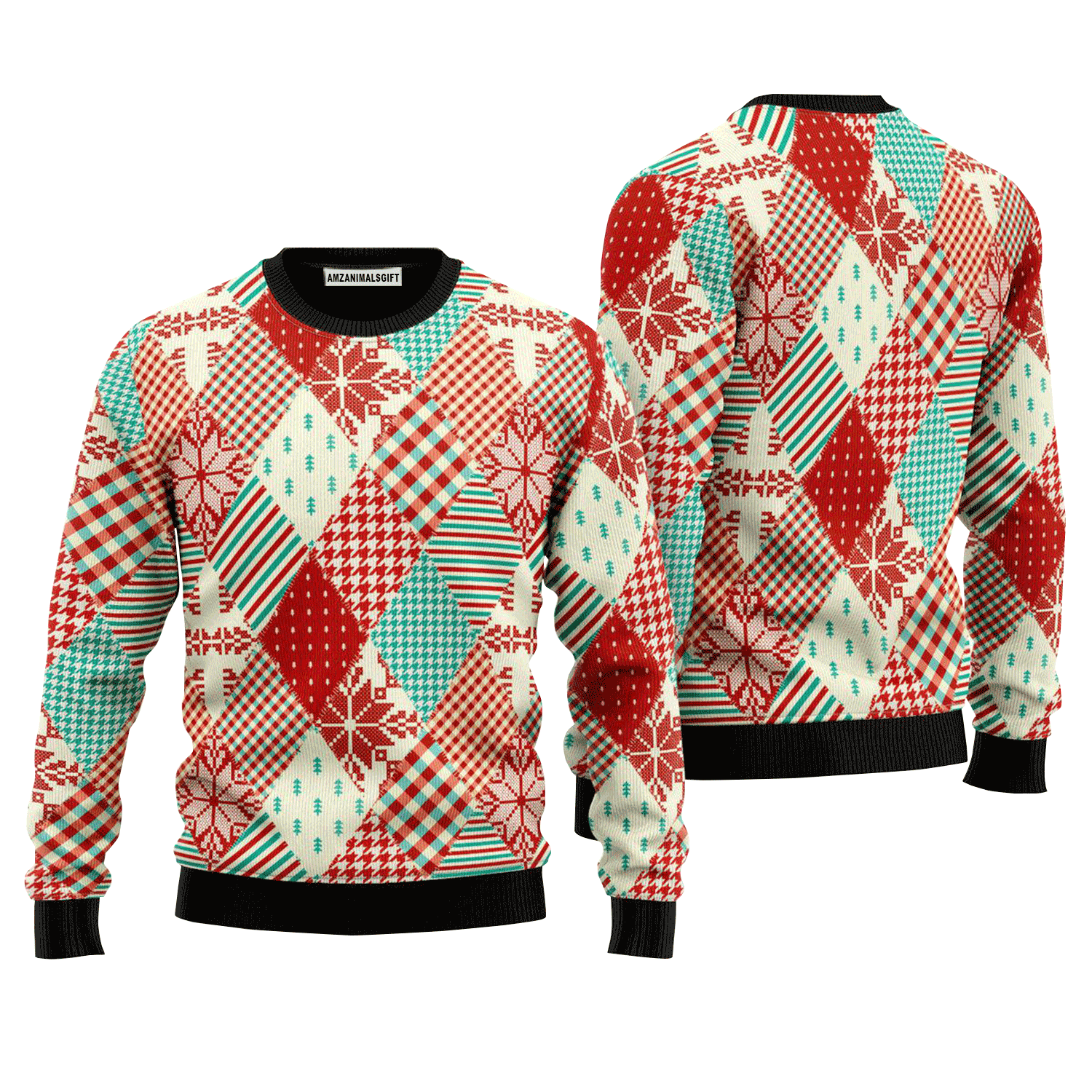 Christmas Patchwork Fabric Seamless Pattern Sweater, Ugly Sweater For Men & Women, Perfect Outfit For Christmas New Year Autumn Winter