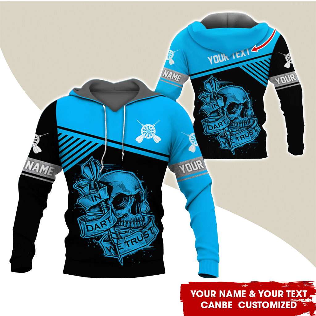 Customized Name & Text Darts Skull Premium Hoodie, In Darts We Trust Skull Pattern Hoodie, Perfect Gift For Darts Lovers, Darts Player