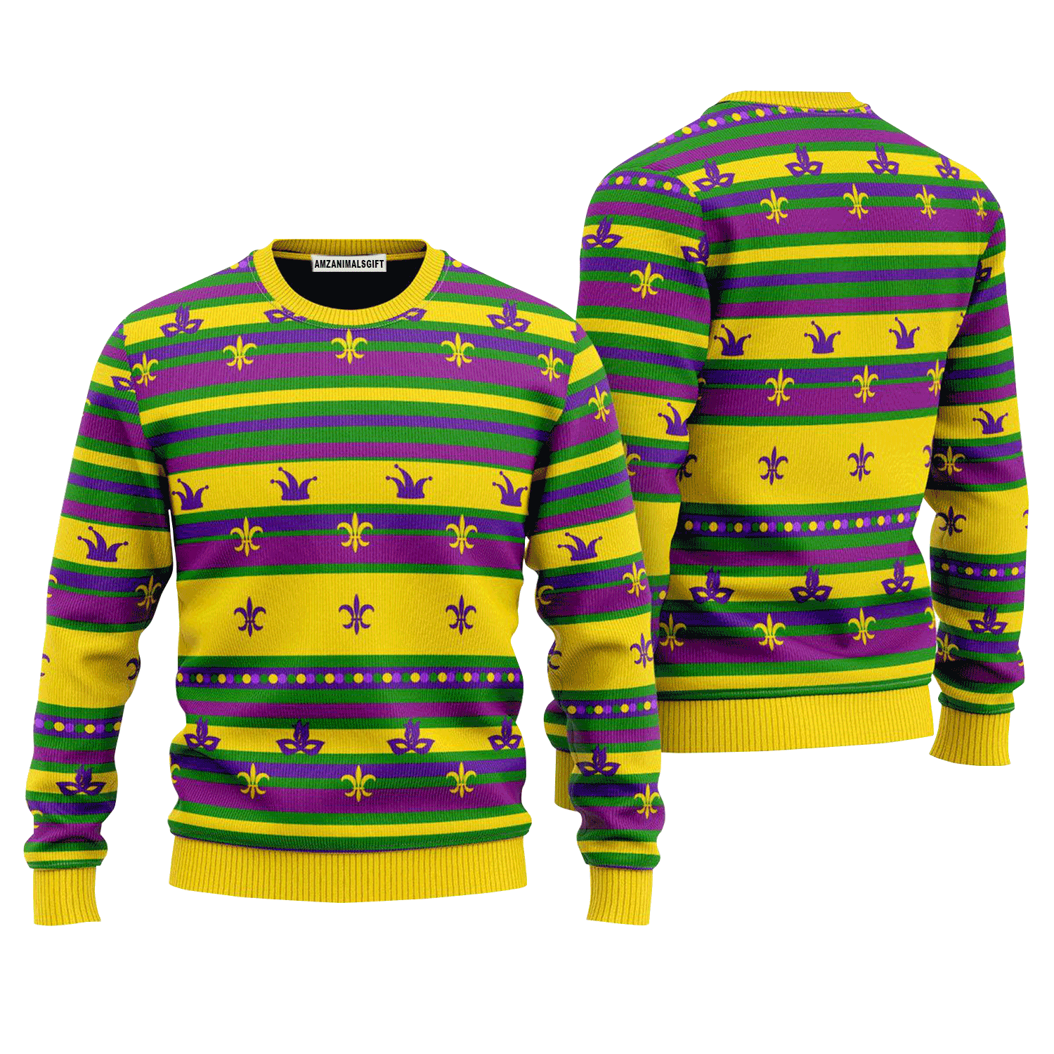 Mardi Gras Striped Yellow Sweater, Ugly Sweater For Men & Women, Perfect Outfit For Christmas New Year Autumn Winter