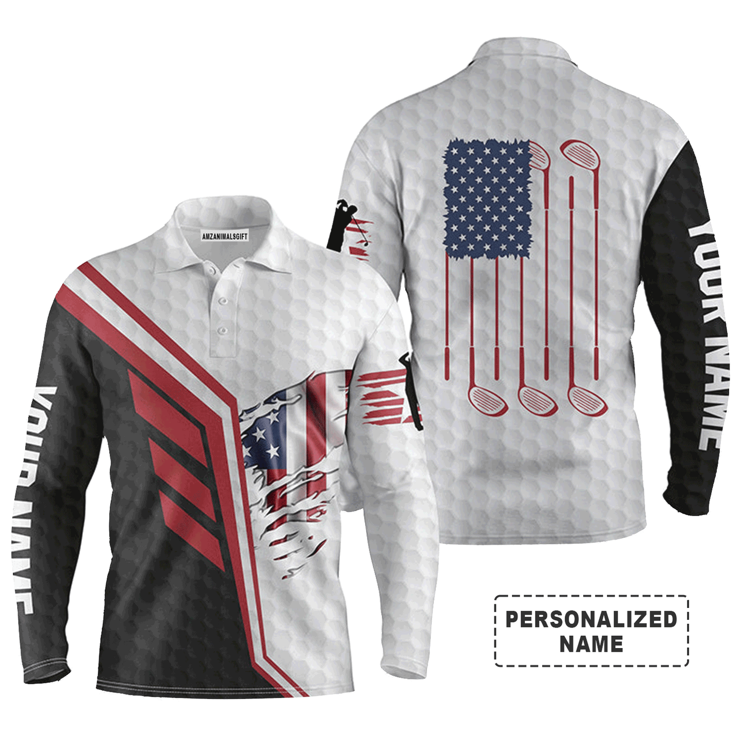 Custom Golf Long Sleeve Men Polo Shirt - American Flag Golf Clubs White Golf Balls Skin Custom Name Men Golf Polo Shirt - Perfect Polo Shirt For Men