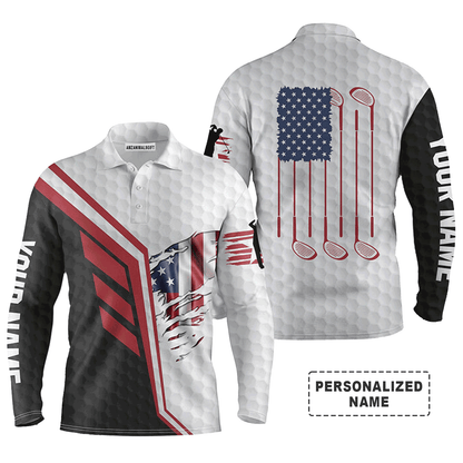 Custom Golf Long Sleeve Men Polo Shirt - American Flag Golf Clubs White Golf Balls Skin Custom Name Men Golf Polo Shirt - Perfect Polo Shirt For Men