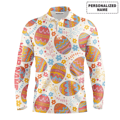 Custom Golf Long Sleeve Men Polo Shirt - Funny Easter Eggs Pattern Custom Name Golf Men Polo Shirt - Perfect Personalized Polo Shirt For Men, Golfers