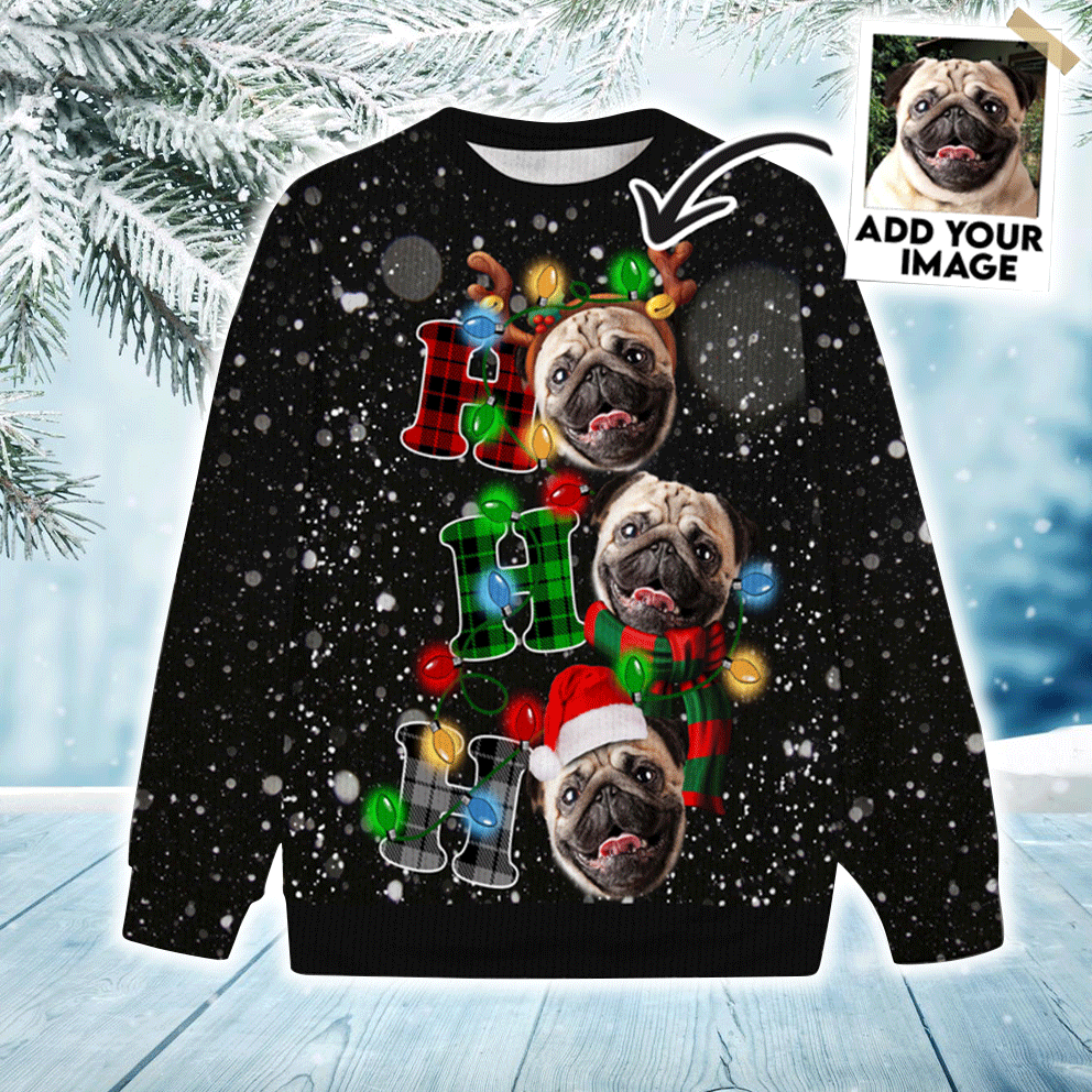 Custom Pet Sweater - Personalized Pet Face Ugly Sweater, Ho Ho Ho Christmas Light Ugly Sweater Funny, Perfect Gift For Dog Lovers, Friend, Family