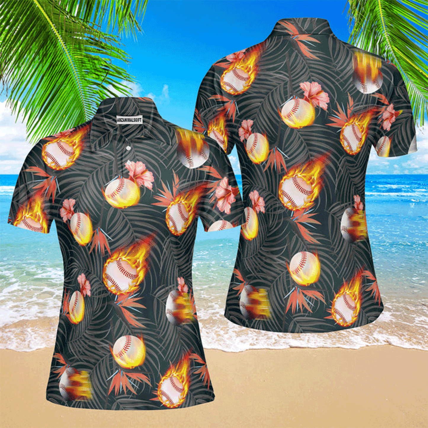 Baseball Women Polo Shirt, Baseball Fire Tropical Polo Shirt For Women, Perfect Polo Shirt For Baseball Lovers