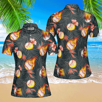 Baseball Women Polo Shirt, Baseball Fire Tropical Polo Shirt For Women, Perfect Polo Shirt For Baseball Lovers