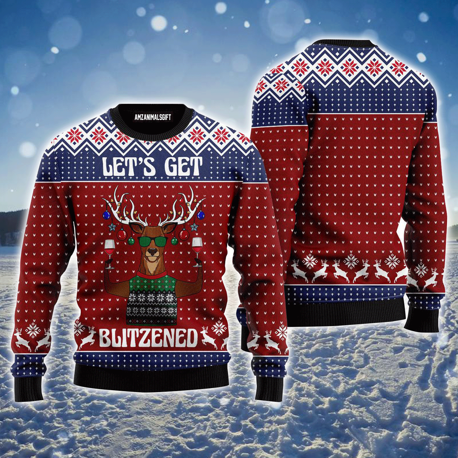 Reindeer Ugly Sweater, Lets Get Blitzened Ugly Sweater, Funny Reindeer Pattern Brown Sweater For Men & Women, Perfect Gift For Christmas, Friends, Family