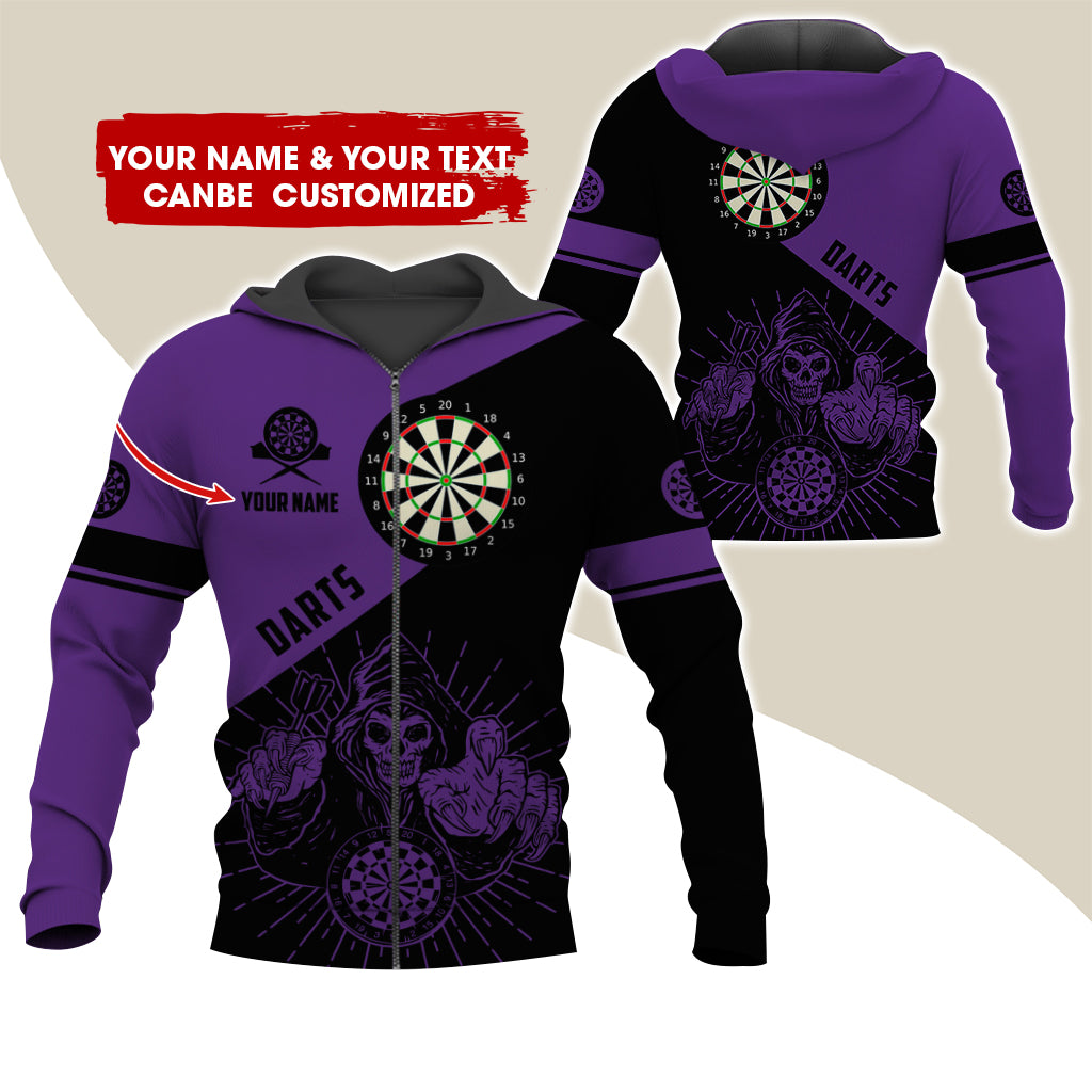 Customized Name Grim Reaper Darts Premium Zip Hoodie, Personalized Name Dartboard Zip Hoodie For Men & Women - Gift For Darts Lovers, Darts Players