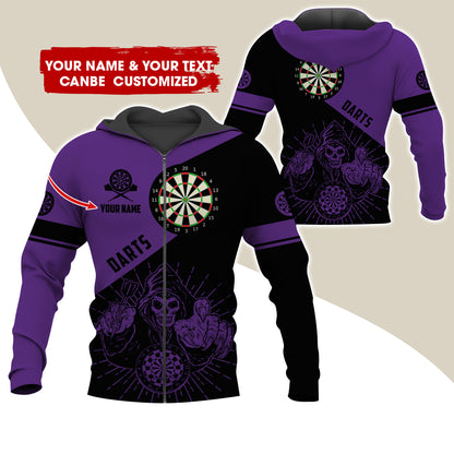 Customized Name Grim Reaper Darts Premium Zip Hoodie, Personalized Name Dartboard Zip Hoodie For Men & Women - Gift For Darts Lovers, Darts Players