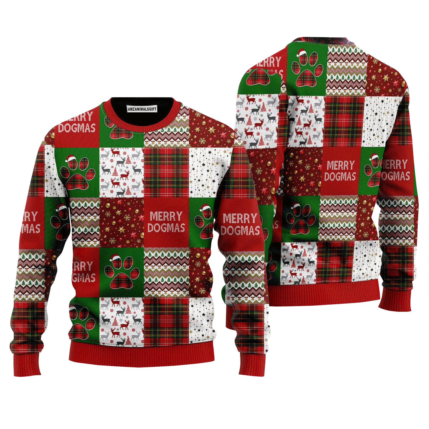 Merry Dogmas Paws Patchwork Pattern Sweater, Ugly Sweater For Men & Women, Perfect Outfit For Christmas New Year Autumn Winter