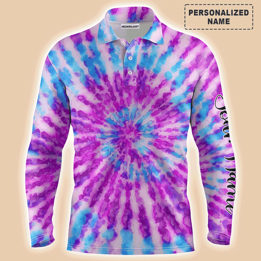 Custom Golf Long Sleeve Men Polo Shirt-Watercolor Purple Tie Dye Pattern Custom Name Apparel Men Golf Polo Shirt- Personalized Gift For Men,Golf Lover