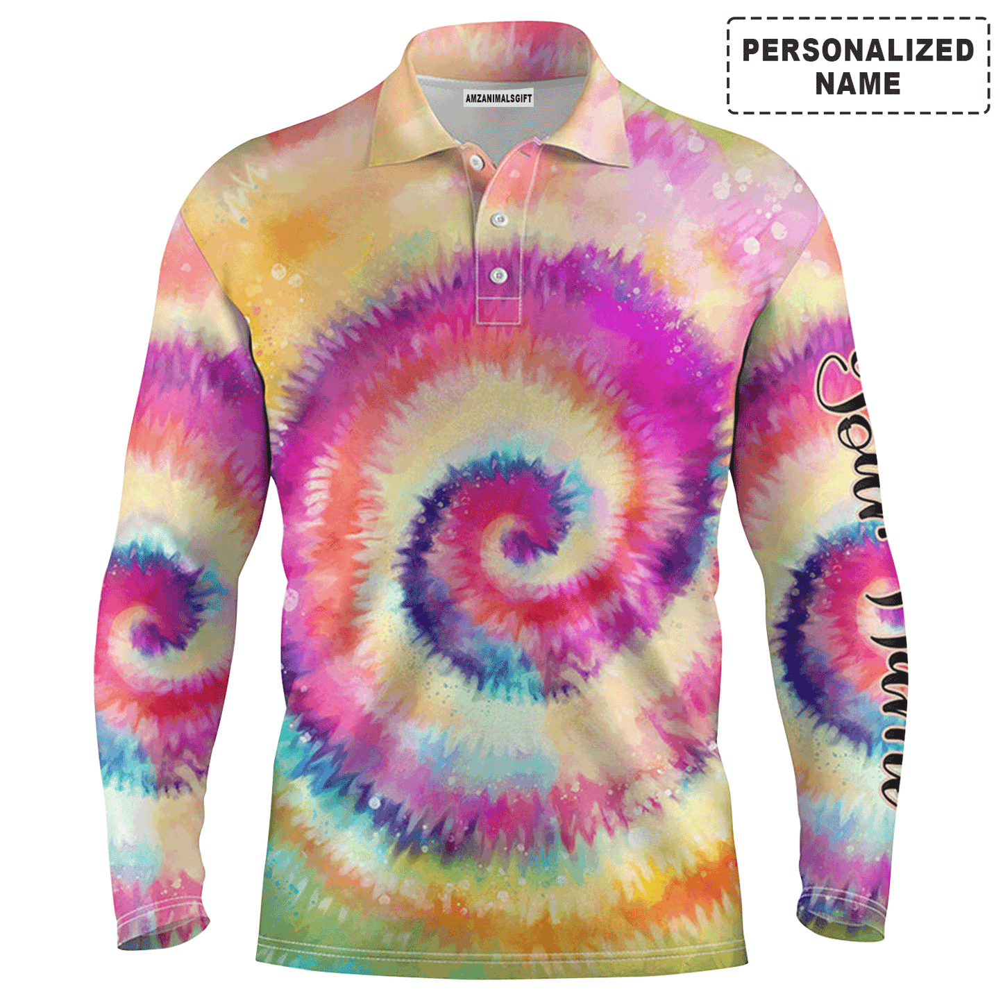 Custom Golf Long Sleeve Men Polo Shirt - Rainbow Tie Dye Background Custom Name Apparel - Personalized Gift For Men, Golf Lover
