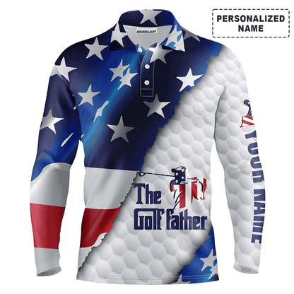 Custom Golf Long Sleeve Men Polo Shirt - Custom Name American Flag, The Golf Father Men Polo Shirt - Perfect Polo Shirt For Men, Golf lOver