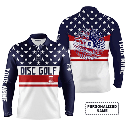 Custom Golf Long Sleeve Men Polo Shirt - Custom Name American Flag Patriot Apparel Men Polo Shirt For Men, Disc Golf Lover