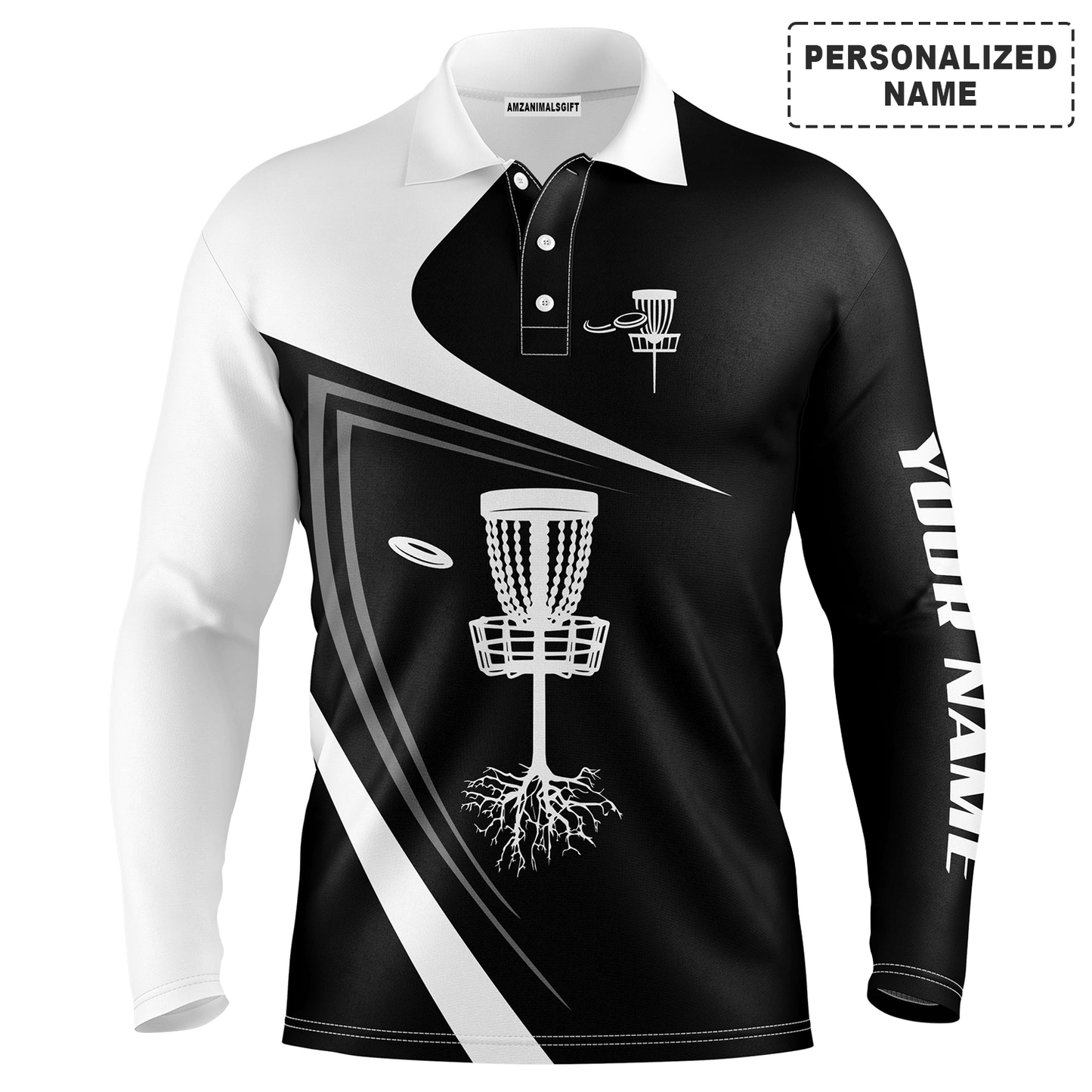 Custom Golf Long Sleeve Men Polo Shirt - Black And White Disc Golf Basket Apparel Men Polo Shirt-Perfect Polo Shirt For Men, Disc Golf Lover