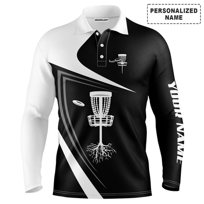 Custom Golf Long Sleeve Men Polo Shirt - Black And White Disc Golf Basket Apparel Men Polo Shirt-Perfect Polo Shirt For Men, Disc Golf Lover