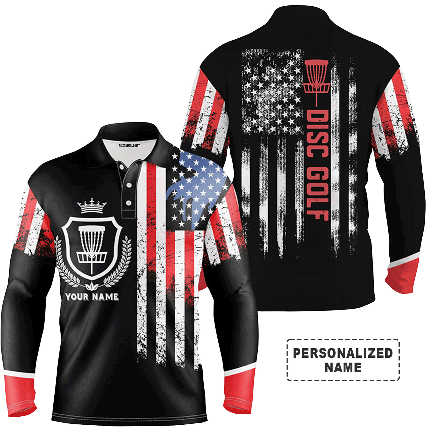 Custom Golf Long Sleeve Men Polo Shirt - Custom Name American Flag Disc Golf Basket Apparel - Personalized Gift For Men, Disc Golf Lover