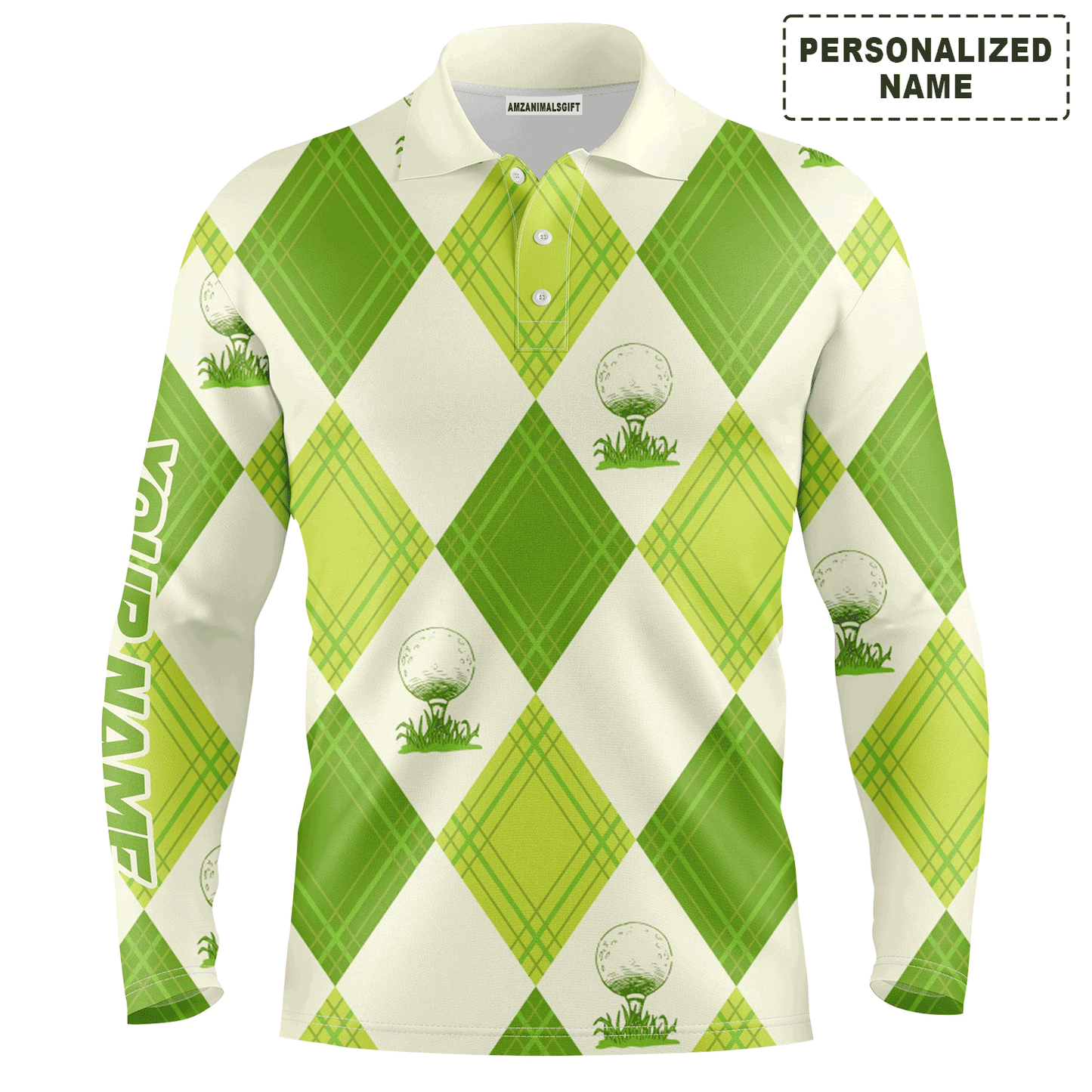 Custom Golf Long Sleeve Men Polo Shirt- Custom Name Green Argyle Pattern Apparel - Personalized Gift For Men, Golf Lover
