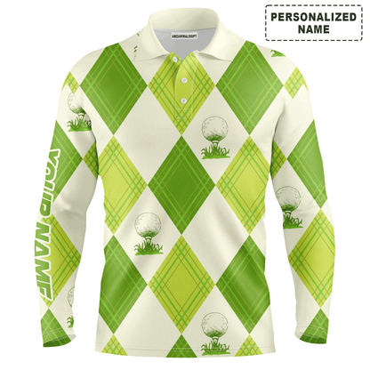 Custom Golf Long Sleeve Men Polo Shirt- Custom Name Green Argyle Pattern Apparel - Personalized Gift For Men, Golf Lover