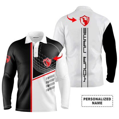 Custom Golf Long Sleeve Men Polo Shirt, Golf Club Custom Name And Logo Black & White All-Over Print -Perfect Gifts For Men, Golf Lover