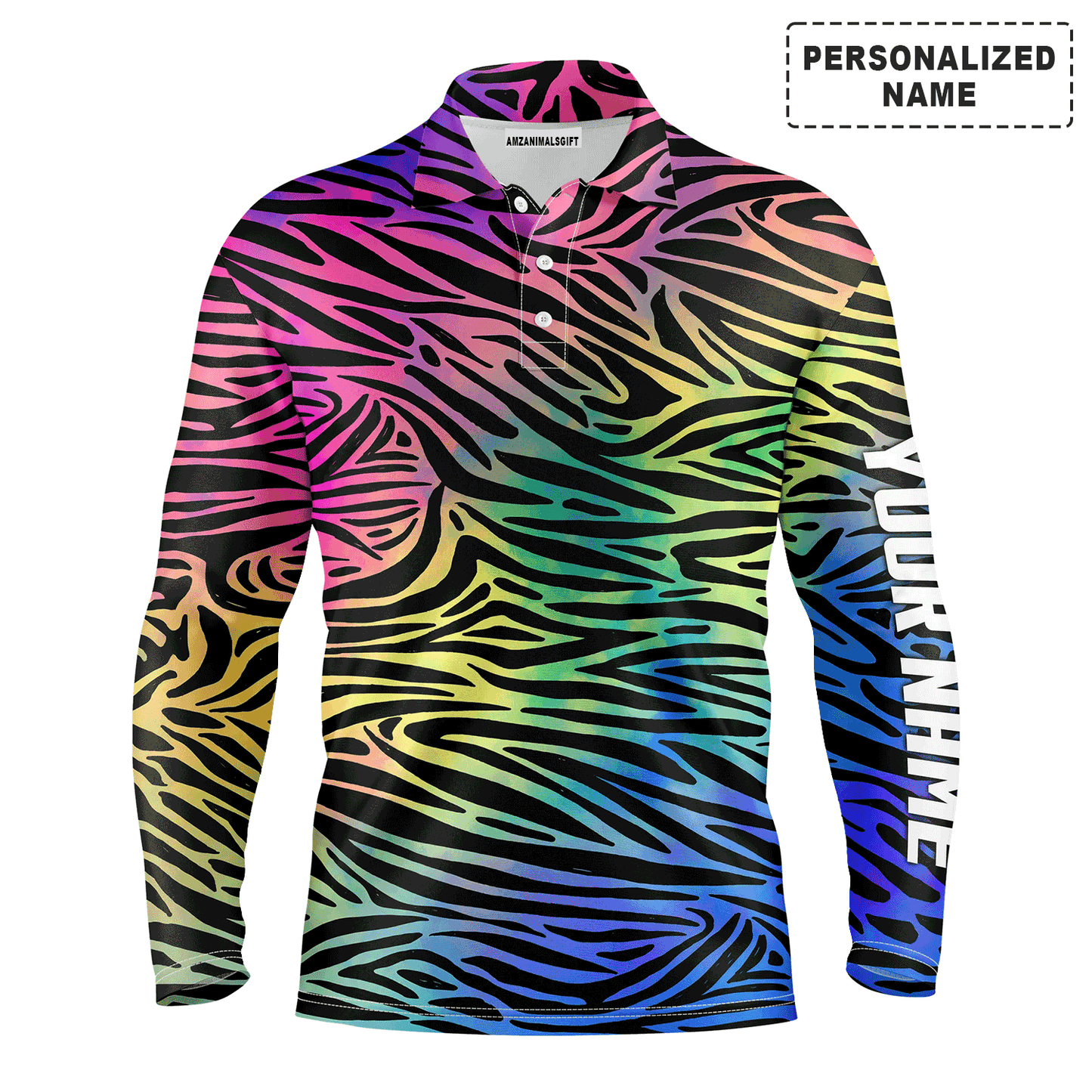 Custom Golf Long Sleeve Men Polo Shirt - Custom Name Colorful Neon Rainbow Zebra Skin Pattern Apparel - Personalized Gift For Men, Golf Lover