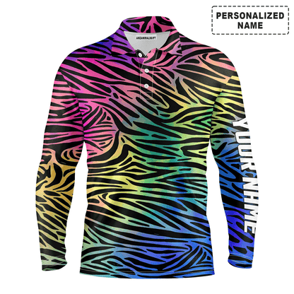 Custom Golf Long Sleeve Men Polo Shirt - Custom Name Colorful Neon Rainbow Zebra Skin Pattern Apparel - Personalized Gift For Men, Golf Lover