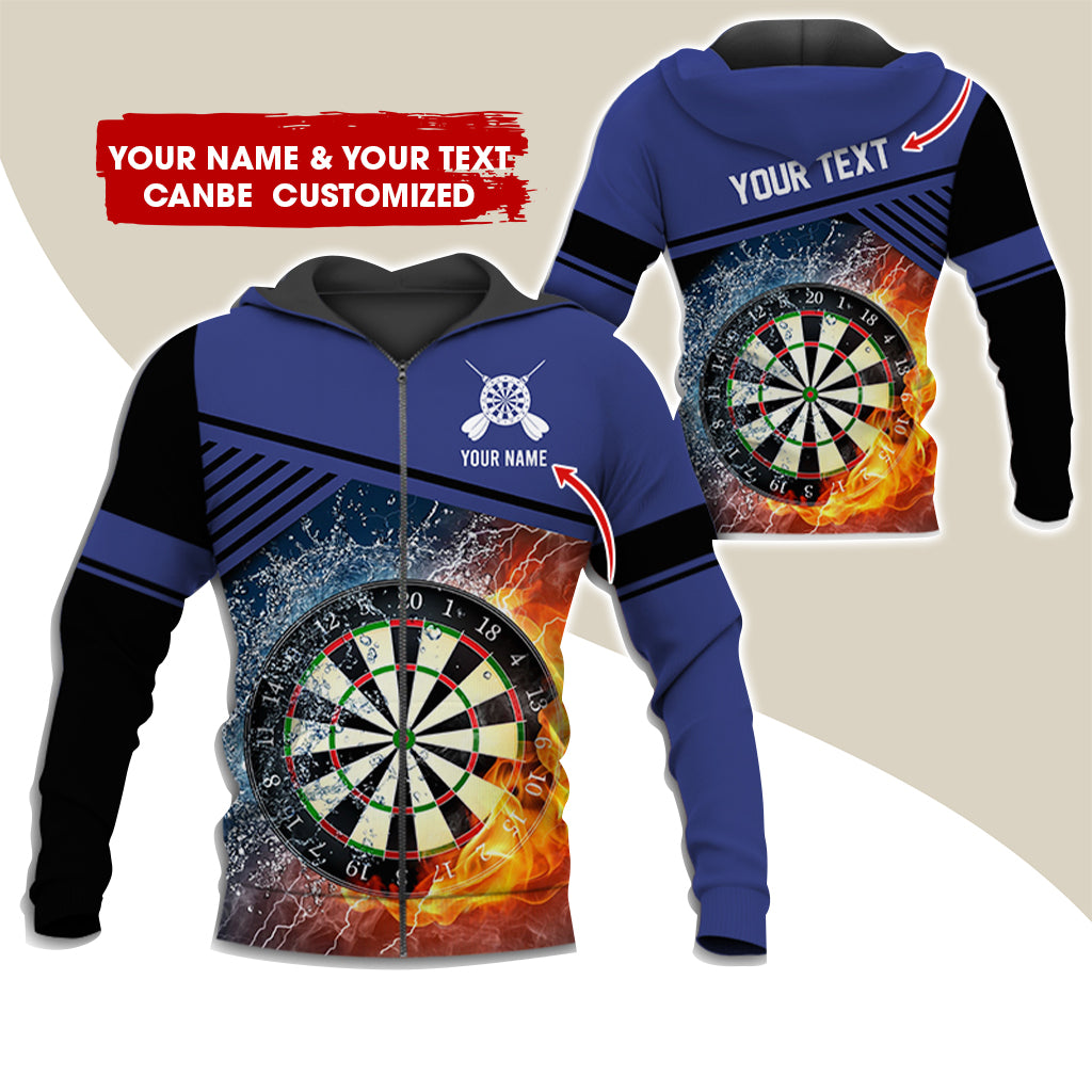 Custom Name & Text Darts Premium Zip Hoodie, Customized Ice & Fire Dartboard Zip Hoodie For Men & Women - Gift For Darts Lovers, Darts Players